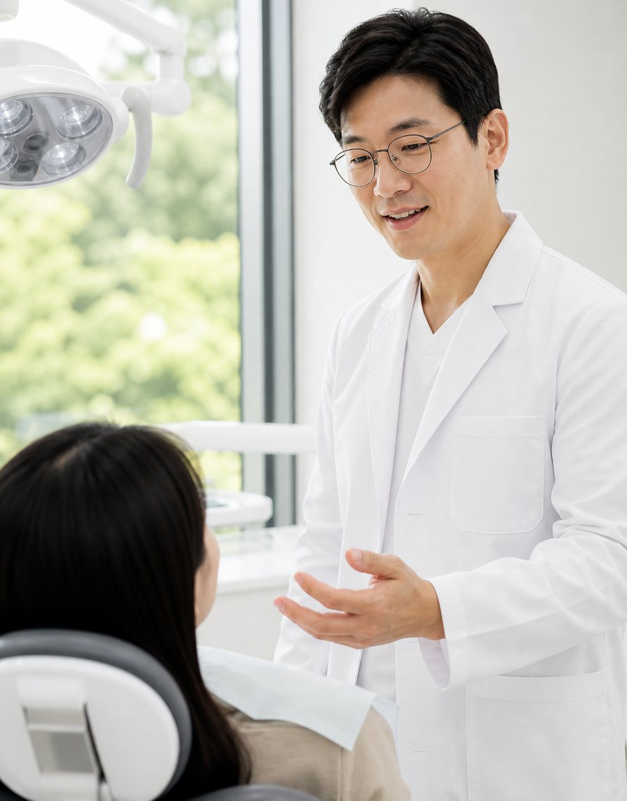 진료 의자에 앉은 환자에게 치료 계획을 설명하는 대표원장